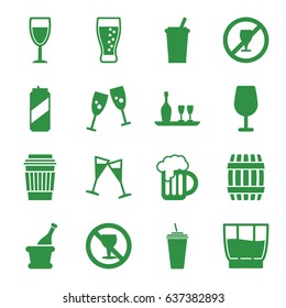 Alcohol icons set. set of 16 alcohol filled icons such as barrel, cocktail, drink, no alcohol, wine glass, champagne, beer mug, wine bottle and glass, soda, beer can