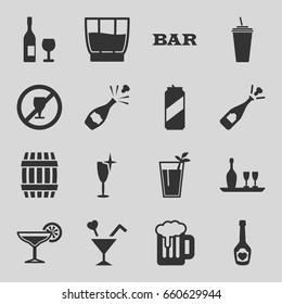 Alcohol icons set. set of 16 alcohol filled icons such as barrel, bar, clean wine glass, opened champagne, drink, champagne bottle with heart, cocktail, wine bottle and glass