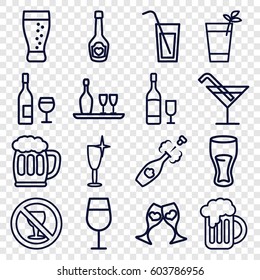 Alcohol Icons Set. Set Of 16 Alcohol Outline Icons Such As Cocktail, Clean Wine Glass, Drink, No Alcohol, Champagne Bottle With Heart, Clink Glasses, Champagne, Beer Mug