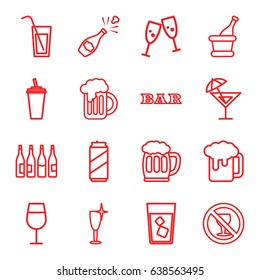 Alcohol icons set. set of 16 alcohol outline icons such as bottle, cocktail, bar, clean wine glass, drink, no alcohol, champagne, beer mug, cocktail, beer can