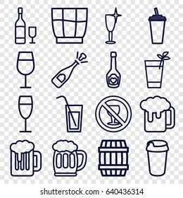 Alcohol icons set. set of 16 alcohol outline icons such as barrel, cocktail, clean wine glass, drink, no alcohol, champagne bottle with heart, wine glass, cocktail, beer mug