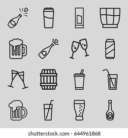 Alcohol icons set. set of 16 alcohol outline icons such as barrel, drink, champagne bottle with heart, wine glass, beer mug, soda, cocktail, beer can, beer, opened champagne