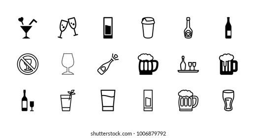 Alcohol icons. set of 18 editable filled and outline alcohol icons: bottle, cocktail, drink, beer mug, wine glass and bottle, beer, opened champagne, glasses clink, no alcohol