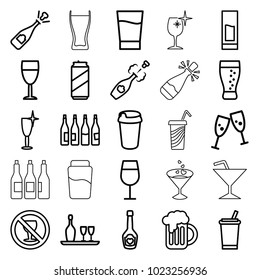 Alcohol icons. set of 25 editable outline alcohol icons such as bottle, cocktail, clean wine glass, drink, opened champagne, glasses clink, no alcohol