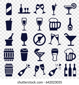 Alcohol icons set. set of 25 alcohol filled icons such as barrel, cocktail, clean wine glass, opened champagne, drink, champagne bottle with heart, clink glasses, wine glass