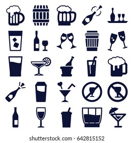 Alcohol icons set. set of 25 alcohol filled icons such as barrel, drink, opened champagne, beer mug, no alcohol, clink glasses, cocktail, champagne, wine bottle and glass