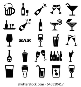 Alcohol icons set. set of 25 alcohol filled icons such as bottle, cocktail, bar, clean wine glass, opened champagne, drink, champagne bottle with heart, clink glasses