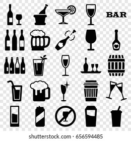 Alcohol icons set. set of 25 alcohol filled icons such as bottle, barrel, drink, cocktail, bar, clean wine glass, beer mug, champagne bottle with heart, wine glass, champagne