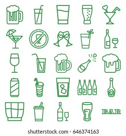 Alcohol icons set. set of 25 alcohol outline icons such as bottle, cocktail, bar, drink, champagne bottle with heart, clink glasses, cocktail, beer mug, soda