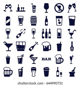 Alcohol icons set. set of 36 alcohol filled icons such as cocktail, bar, clean wine glass, opened champagne, beer mug, drink, no alcohol, champagne bottle with heart