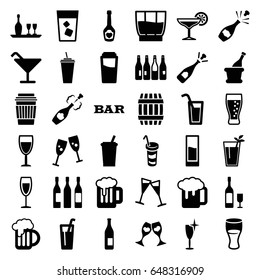 Alcohol icons set. set of 36 alcohol filled icons such as bottle, barrel, drink, cocktail, bar, clean wine glass, opened champagne, beer mug, champagne bottle with heart