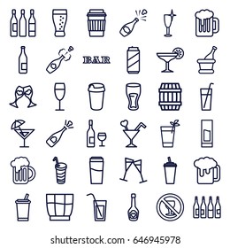 Alcohol icons set. set of 36 alcohol outline icons such as bottle, barrel, drink, bar, clean wine glass, no alcohol, champagne bottle with heart, clink glasses, cocktail