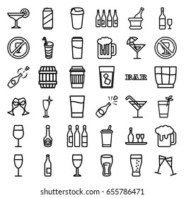 Alcohol icons set. set of 36 alcohol outline icons such as bottle, barrel, drink, cocktail, bar, clean wine glass, no alcohol, champagne bottle with heart, clink glasses