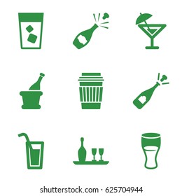 Alcohol icons set. set of 9 alcohol filled icons such as opened champagne, drink, champagne, wine bottle and glass