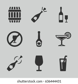 Alcohol icons set. set of 9 alcohol filled icons such as barrel, cocktail, opened champagne, champagne bottle with heart, champagne, cocktail, wine glass and bottle, drink