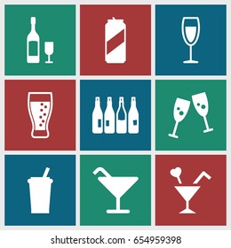 Alcohol icons set. set of 9 alcohol filled icons such as bottle, cocktail, cocktail, wine glass, soda, wine glass and bottle, beer can, drink