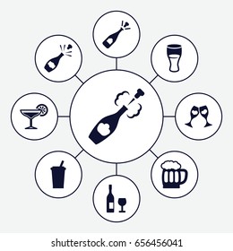 Alcohol icons set. set of 9 alcohol filled icons such as opened champagne, drink, clink glasses, champagne, cocktail, beer mug