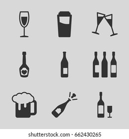 Alcohol icons set. set of 9 alcohol filled icons such as drink, opened champagne, beer mug, champagne bottle with heart, wine glass, wine glass and bottle