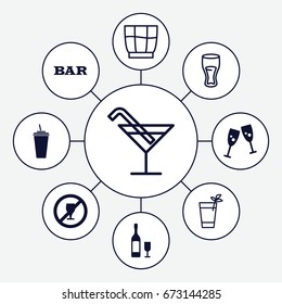 Alcohol icons set. set of 9 alcohol filled and outline icons such as bar, drink, wine glass and bottle, cocktail, cocktail, glasses clink