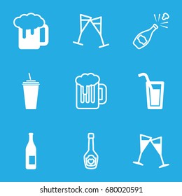 Alcohol icons set. set of 9 alcohol filled and outline icons such as beer mug, drink, wine glass, cocktail, champagne bottle with heart, beer, bottle
