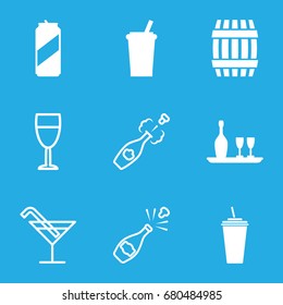 Alcohol icons set. set of 9 alcohol filled and outline icons such as barrel, drink, wine bottle and glass, beer can, cocktail, champagne