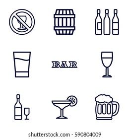 alcohol icons set. Set of 9 alcohol outline icons such as barrel, Bar, no alcohol, wine glass, drink, cocktail, beer mug