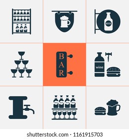 Alcohol icons set with bar, hanging banner, stand of beers tavern elements. Isolated vector illustration alcohol icons.