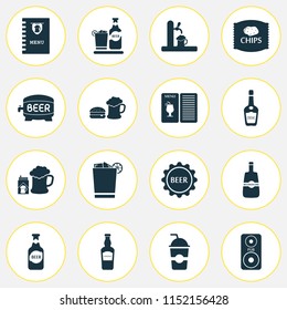 Alcohol icons set with bar menu, tap, barrel of beer and other moonshine elements. Isolated vector illustration alcohol icons.