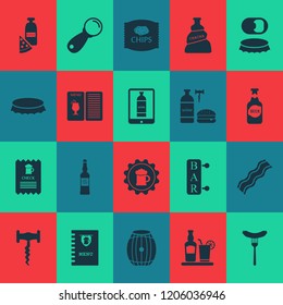 Alcohol icons set with bar, wine with burger, sausage and other bratwurst elements. Isolated vector illustration alcohol icons.