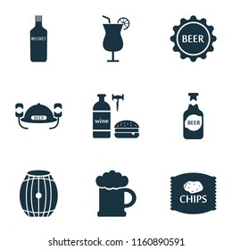 Alcohol icons set with beer, chips, brewery and other gourmet elements. Isolated vector illustration alcohol icons.