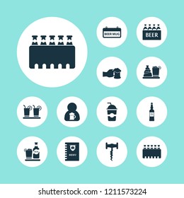 Alcohol icons set with beer in hand, waiter, vodka hanging banner elements. Isolated vector illustration alcohol icons.