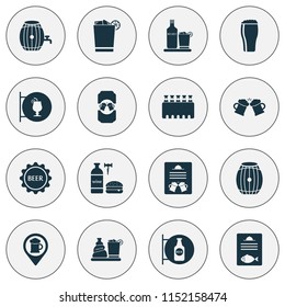 Alcohol icons set with beer lid, menu, container and other whiskey with ice elements. Isolated vector illustration alcohol icons.