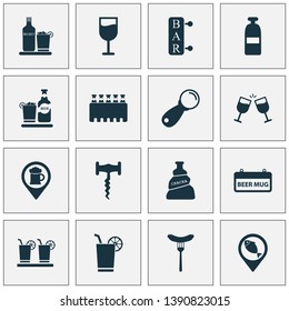 Alcohol icons set with beverage, geolocation, bottle of rum and other wineglass elements. Isolated vector illustration alcohol icons.