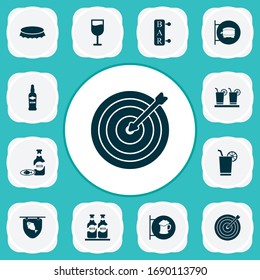 Alcohol icons set with bottle cap, glass of wine, darts and other beer sign elements. Isolated vector illustration alcohol icons.