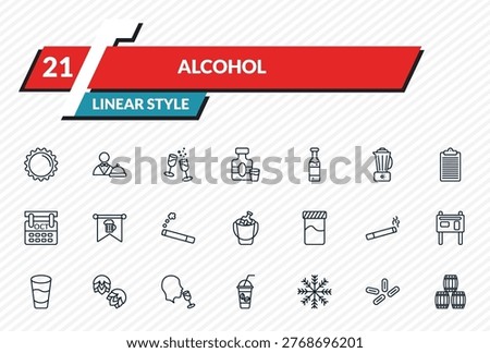 alcohol icons set - bottle cap, waitress, cheers, yeast, wine barrel outline vector collection.