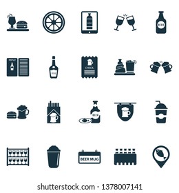 Alcohol icons set with case of beer, hanging banner, cognac and other chacha with ice elements. Isolated vector illustration alcohol icons.