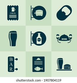 Alcohol icons set with check, opener, ale sign and other placard elements. Isolated vector illustration alcohol icons.