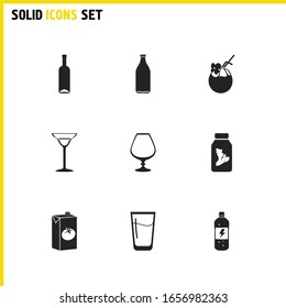 Alcohol icons set with cognac glass, coconut cocktail and wine bottle elements. Set of alcohol icons and beverage concept. Editable vector elements for logo app UI design.