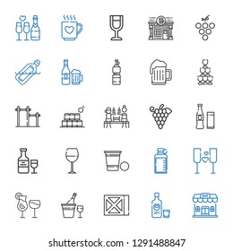 alcohol icons set. Collection of alcohol with bar, vodka, wine, champagne, cocktails, bottle, beer pong, wine glass, beverage, grapes, beer. Editable and scalable alcohol icons.