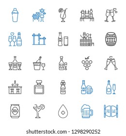 alcohol icons set. Collection of alcohol with bar, beer, cocktail, champagne, wine bottle, whiskey, toast, grape, wine, barrel, beverage. Editable and scalable alcohol icons.