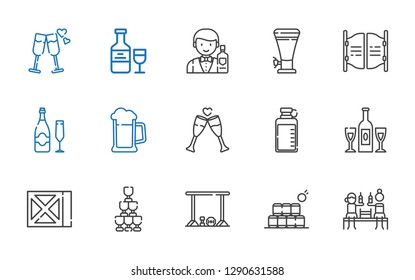 alcohol icons set. Collection of alcohol with beer, bottles, bar, champagne, wine, bottle, toast, barman, cheers. Editable and scalable alcohol icons.