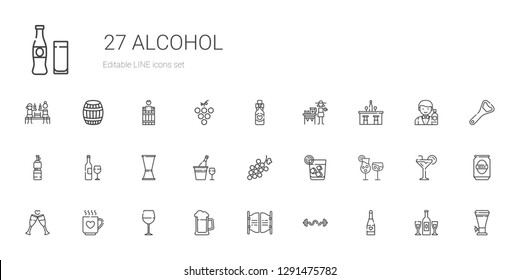 alcohol icons set. Collection of alcohol with champagne, bars, bar, beer, wine glass, drink, toast, cocktails, vodka, grape, jigger, wine bottle. Editable and scalable alcohol icons.