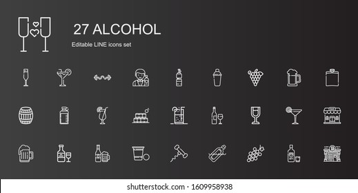 alcohol icons set. Collection of alcohol with grape, bottle, corkscrew, beer pong, beer, wine, wine glass, wine bottle, soft drink, bottles. Editable and scalable alcohol icons.