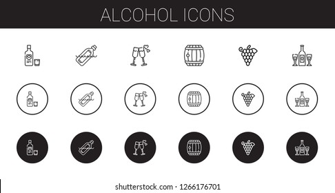 alcohol icons set. Collection of alcohol with vodka, bottle, cheers, barrel, grapes, champagne. Editable and scalable alcohol icons.