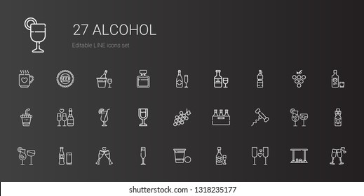 alcohol icons set. Collection of alcohol with wine, beer pong, champagne glass, toast, beverage, cocktails, corkscrew, beer, grape, wine glass. Editable and scalable alcohol icons.