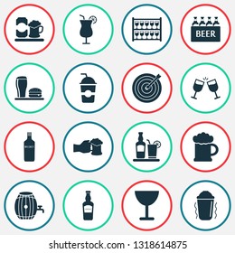 Alcohol icons set with elite rum, shaker in action, goblet and other goblet elements. Isolated vector illustration alcohol icons.