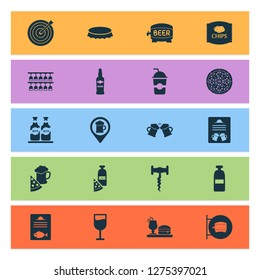 Alcohol icons set with geolocation of beer, menu, bottle cap and other cocktail elements. Isolated vector illustration alcohol icons.