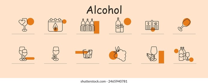 Alcohol icons set. Includes wine glasses, six-pack, wine bottles, menu, cocktail, grapes, wine and cheese. Represents drinks, beverages, parties, socializing, bars, wineries, celebrations