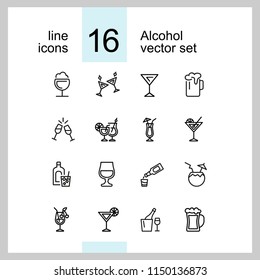 Alcohol icons. Set of  line icons. Cocktail, toast, martini. Alcoholic drinks concept. Vector illustration can be used for topics like drinks, bar, restaurant