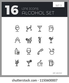 Alcohol icons. Set of  line icons. Cocktail, toast, martini. Alcoholic drinks concept. Vector illustration can be used for topics like drinks, bar, restaurant